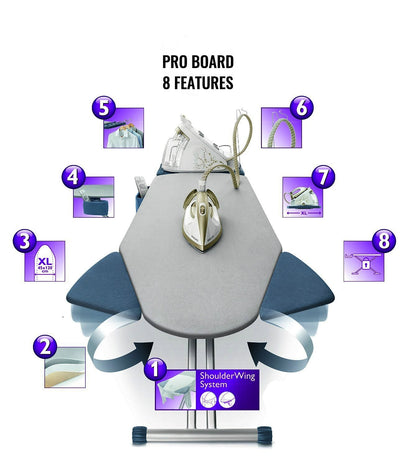Mabel Home Ironing Board with Extra-Wide Surface, 8 Features, Retractable Shoulder Wings, Adjustable Height, 100% Cotton Cover