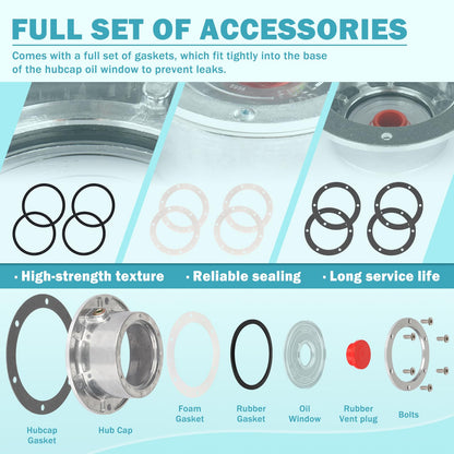 CheeMuii 4 Pack 343-4009 Trailer Hub Caps with Oil Window Cover Kit 4 Set 3434009 Aluminum Hubcaps for Trailer Axle with Extra Rubber Plugs Replace for Stemco 343-4009 359-5990