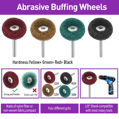 120 PCS Polishing Kit for Dremel, Abrasive Buffing Wheels for Rotary Tool Accessories with 1/8 Inch Shank, Polishing Bits for Metal Wood Watch Jewelry Brass