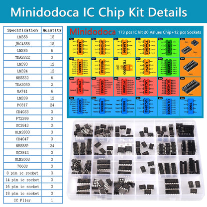 IC chips kit Minidodoca 173 pcs 20 Values Chip Assortment Set+12 pcs Sockets;Integrated Circuits op amp kit 555 Timer IC Included NE555,LM358, LM324, LM393, LM339, NE5532, LM386,UA741,IC Plier etc