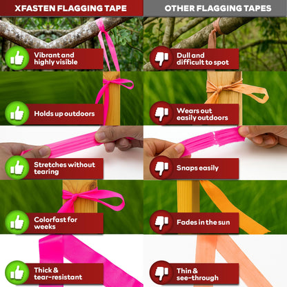 XFasten Pink Flagging Tape 12-Pack, 1-Inch x 1800 Feet Total Pink Marking Tape Ribbon, High Visibility Non-Fading Trail Marking Ribbon for Surveying, Trees, Construction Safety Caution - 150ft/roll