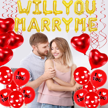 138 Pcs Will You Marry Me Decorations, Gold and Red I Love You Party Supplies, Swirls Foil Balloons Red Heart Balloons Rose Petals for Romantic Engagement Valentines Anniversary Decorations
