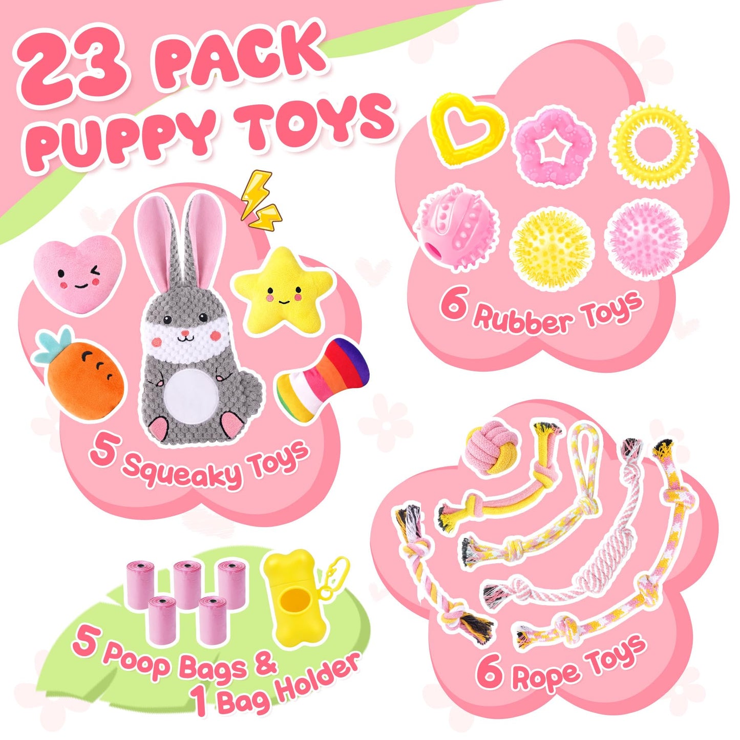 Zeaxuie 23 Pack Pink Puppy Toys for Teething, Small Dog Toys with Cute Puppy Chew Toys, Squeaky Dog Toys, Treat Ball and Interactive Rope Toys