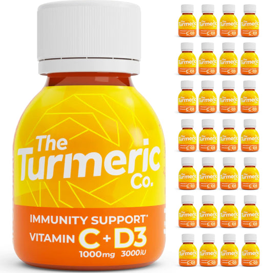 The Turmeric Co Vitamin C Turmeric Drink - 28 Shots - 1000mg VIT C per Shot, Vitamin D3 3000 IU & Raw Turmeric, Health Energy Shots, Immune System Booster,100% Natural Fresh Ingredients