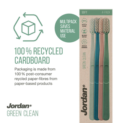 Jordan Green Clean Manual Toothbrush - Sustainable, Scandinavian Design, Soft Bristles, Mixed Colors, 4 Units