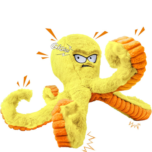LEGEND SANDY Tough Dog Toys, Stuffed Chew Large Dog Toys to Keep Them Busy, Interactive Squeaky Tug of War Doggie Toy, Crinkle Yellow Octopus
