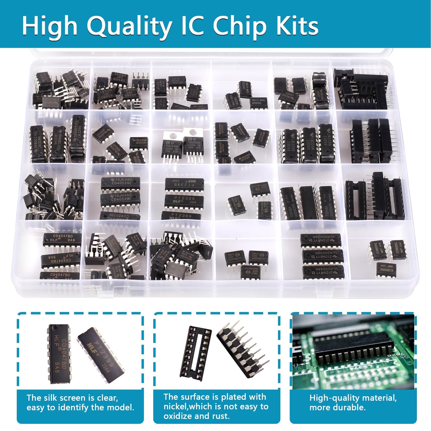 IC chips kit Minidodoca 173 pcs 20 Values Chip Assortment Set+12 pcs Sockets;Integrated Circuits op amp kit 555 Timer IC Included NE555,LM358, LM324, LM393, LM339, NE5532, LM386,UA741,IC Plier etc