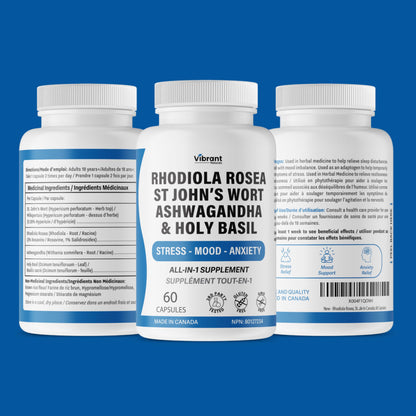 Rhodiola Rosea, St John’s Wort, Ashwagandha - Stress & Anxiety Relief Supplement With Holy Basil, Mood Support, Stress Relief Supplement, 3rd Party Tested, Made In Canada, 60 Capsules