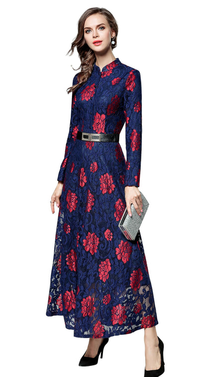 LAI MENG FIVE CATS Women's Flowy Lace Floral Hollow Out Short Sleeve Dress with Belt Navy Red