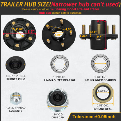 2 Sets 3500lb Trailer Axle Trailer Hub Kit 5 Bolt 4.5",5×4.5 Trailer Hub fit 1-1/16" to 1-3/8" Tapered Trailer Spindle,Trailer Hub Assembly,Boat Trailer Hubs 5 Lug (Not Fit for Straight Spindle)