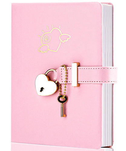 CAGIE Diary with Lock and Key for Girls Heart Shaped Girls Diary for Women Kids A5 Secret Notebook with Lock for Writing Travel Gifts, 5.3 x 7 inches, Pink