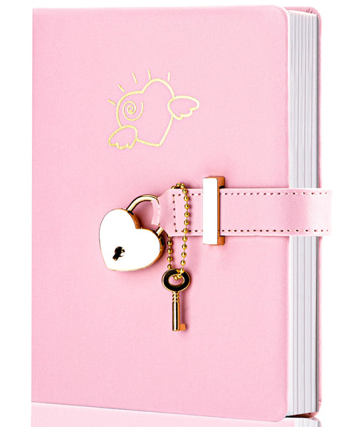 CAGIE Diary with Lock and Key for Girls Heart Shaped Girls Diary for Women Kids A5 Secret Notebook with Lock for Writing Travel Gifts, 5.3 x 7 inches, Pink