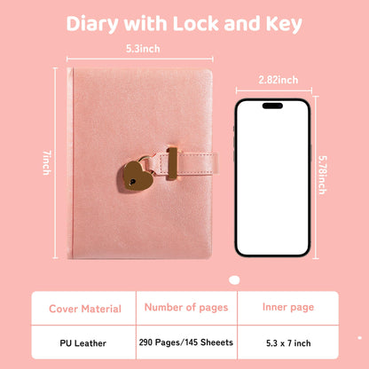 CAGIE Diary with Lock for Girls with Pen Heart Shaped Lock Diary with 2 Keys Golden Edge Lock Journal for Girls Women 290 Pages Journal with Lock for Writing, Travel, 5.3 x 7.1 inches, Pure Pink