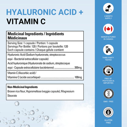 Vibrant Naturals Hyaluronic Acid Supplement 200mg - 120 Capsules, with Vitamin C 100mg, Joint & Skin Health, Non-GMO Fermentation, Gluten Free, Third Party Tested, Bioavailable Formula