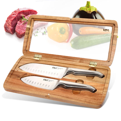 FURI Pro Santokumesser Set mit Geschenkbox, 3-tlg., Küchenmesser aus japanischem Edelstahl, hochwertige Box aus Akazienholz zur Aufbewahrung, Klingenlänge der Messer: 13 & 17 cm