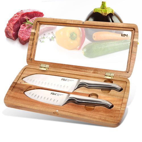 FURI Pro Santokumesser Set mit Geschenkbox, 3-tlg., Küchenmesser aus japanischem Edelstahl, hochwertige Box aus Akazienholz zur Aufbewahrung, Klingenlänge der Messer: 13 & 17 cm