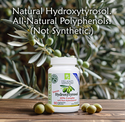 Island Nutrition, 20% Hydroxytyrosol Complex™ Olive Fruit Extract - Super Strength 100% Grown & Extracted in Spain. 90 Capsules, 100 mg, from The Maker of Real European Olive Leaf Extract