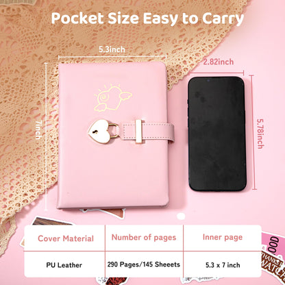 CAGIE Diary with Lock and Key for Girls Heart Shaped Girls Diary for Women Kids A5 Secret Notebook with Lock for Writing Travel Gifts, 5.3 x 7 inches, Pink