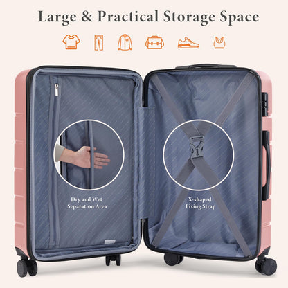 Sweetcrispy Carry on Luggage, Hard Shell ABS, Double Spinner Wheels Lightweight Suitcase TSA Lock, Light Pink, 3-PCS Set (20/24/28 Inch)