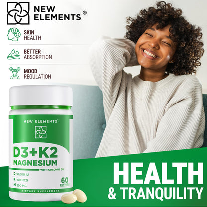 Vitamin D3 K2 10,000 IU with Magnesium Glycinate 500mg - Bone Health, Immune Support, Energy & Mood - Non-GMO, Gluten-Free, Sugar-Free Softgels for Women & Men (60 softgels)