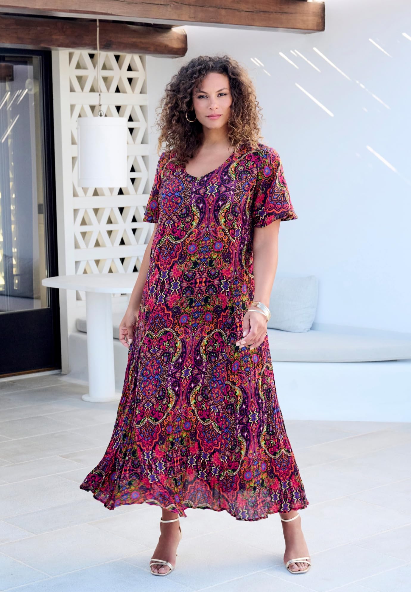 Roaman's Women's Plus Size Flutter Sleeve Crinkle Dress - 34/36, Multi Mirrored Medallion