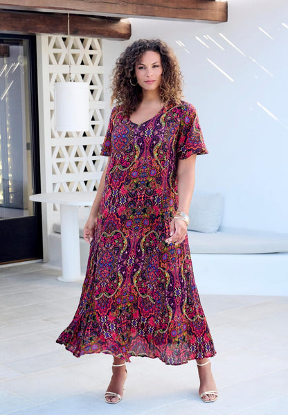 Roaman's Women's Plus Size Flutter Sleeve Crinkle Dress - 34/36, Multi Mirrored Medallion
