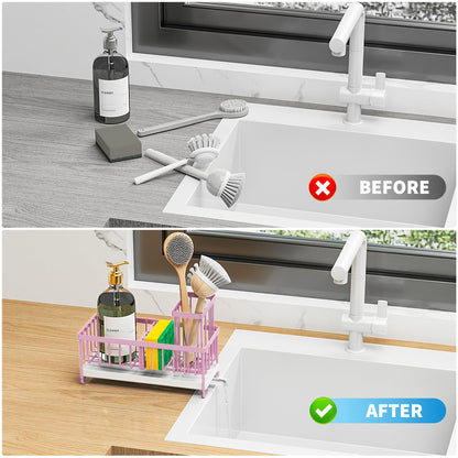 Cisily Pink Sponge Holder for Kitchen Sink, Sink Caddy Organizer with High Brush Holder, Countertop Organizers and Storage Essentials, Rustproof 304 Stainless Steel, Pink kitchen Accessories and Decor