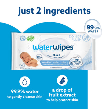 WaterWipes Original Baby Wipes, 99.9% Water, 3-In-1 Cleans, Cares, Protects, Unscented & Hypoallergenic, 1080 Count (18 Packs), Packaging May Vary