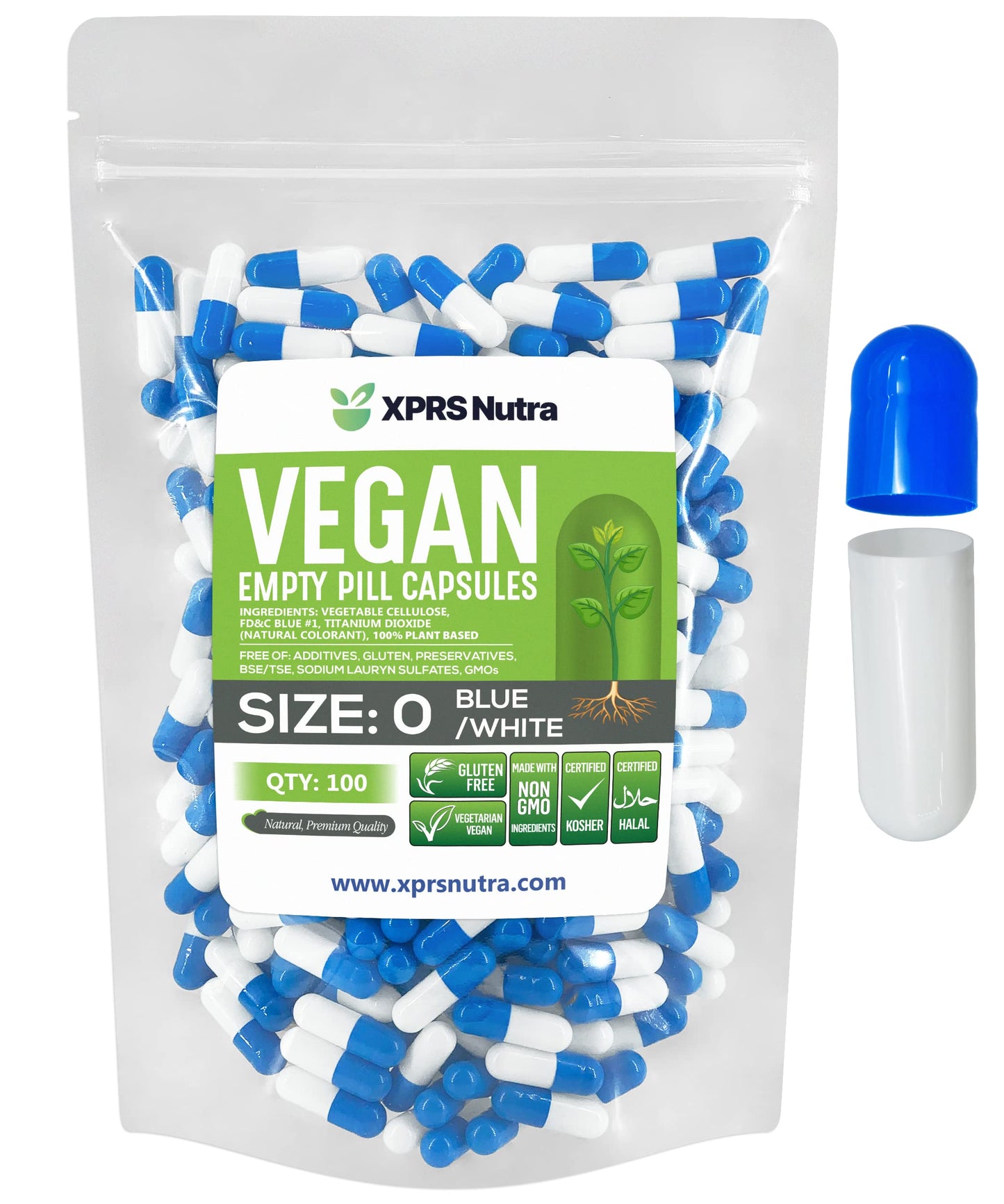 XPRS Nutra Size 0 Empty Capsules - 100 Count Empty Vegan Capsules - Vegetarian Pills - DIY Vegetable Capsule Filling - Veggie Pill Caps for Do-It-Yourself Suplements (Blue/White)