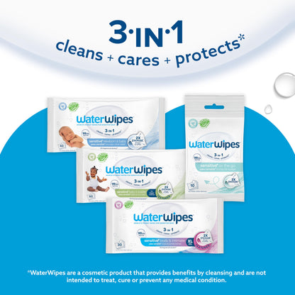 WaterWipes Original Baby Wipes, 99.9% Water, 3-In-1 Cleans, Cares, Protects, Unscented & Hypoallergenic, 1080 Count (18 Packs), Packaging May Vary