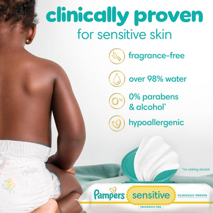 Pampers Baby Wipes, Sensitive, Water Based Wipe, Clinically Proven, Hypoallergenic, and Unscented for Babies, 1008 Wipes Total (12 Flip-Top Packs) [Packaging May Vary]