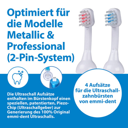 Emmi-dent Metallic/Professional 2-Pin Bristle-Head Attachments - Electric Toothbrush Replacement Heads. Cleans with Ultrasound Waves (Kids 4 Pack)