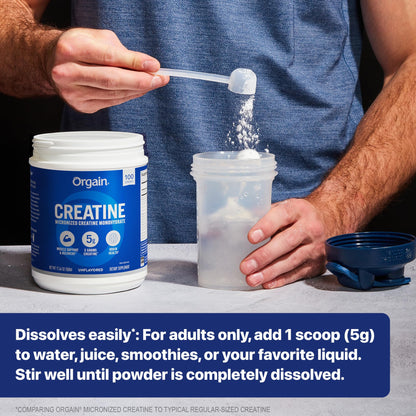 Orgain Creatine Monohydrate Micronized Powder, Unflavored, Supports Muscle Growth, Post Workout Recovery and Brain Health, No Artificial Additives, for Men & Women, 100 Servings