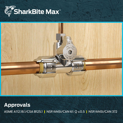 SharkBite Max 1/2 x 1/2 x 1/4 Inch Compression Tee Stop Valve, Push to Connect Brass Plumbing Fitting, PEX Pipe, Copper, CPVC, PE-RT, HDPE, UR24983A