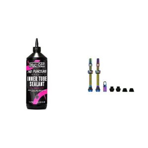 Muc-Off No Puncture Hassle Inner Tube Sealant, 1 Liter - Bike Tube Puncture Repair Sealant & Muc-Off Tubeless Valves V2, Iridescent 44mm - Tubeless Valve Stems with Valve Core Removal Tool