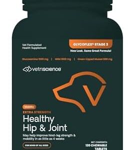 VetriScience Glycoflex 3 Clinically Proven Hip and Joint Supplement for Dogs - Maximum Strength Dog Supplement with Glucosamine, MSM, Green Lipped Mussel & DMG - 120 Chewable Tablets, Chicken Flavor​