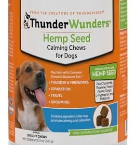 ThunderWunders Hemp Dog Calming Chews | Vet Recommended for Situational Anxiety | Fireworks, Thunderstorms, Travel & More | Made with Hemp Seed, Thiamine, L-Tryptophan, Melatonin & Ginger (180 Count)