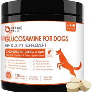 NATURE TARGET Glucosamine Joint Supplement for Dogs, Chondroitin, Omega-3, MSM, Hemp, Turmeric for Pain Relief, Dog Joint Supplement with Calcium for Bone Health, 120 Chicken Flavored Crunchy Chews