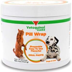 Vetoquinol Pill Wrap Treats for Dogs & Cats – 4oz, 56 servings – Hides Any Size, Shaped Pill – Moist, Flavorful & Shapeable Pill Pocket Paste – Easy-to-Swallow Masking Pill Pouch for Training & Treats