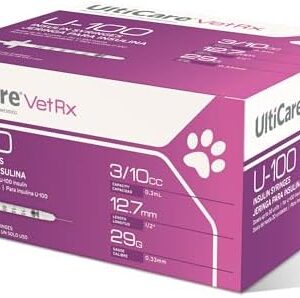 UltiCare VetRx U-100 Pet Insulin Syringes, Comfortable and Accurate Dosing of Insulin for Pets, Compatible with Any U-100 Strength Insulin, Size: 3/10cc, 29G x 1/2’’, 100 ct Box