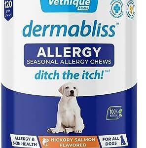 Vetnique Labs Dermabliss Dog Allergy Relief & Immune Support Supplement Allergy Chews for Dogs Itching and Licking with Omega 3 Fish Oil & Probiotics for Itch Relief - Vet Recommended (120 Ct Chews)