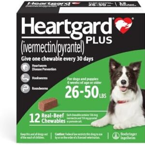 HEARTGARD® Plus (ivermectin/pyrantel) Real-Beef Chewables for Dogs 26-50 lbs (Green Box) 12 Month Supply of Chews (Heartworm Disease Preventive)