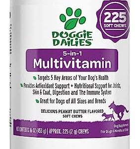 Doggie Dailies 5 in 1 Multivitamin for Dogs, Dog Multivitamin for Skin and Coat Health, Joint Health, Improved Digestion, Antioxidants, Support a Healthy Immune System (Peanut Butter) 225 Soft Chews