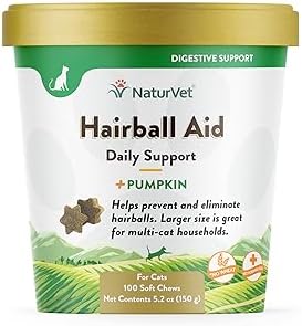 NaturVet – Hairball Aid Supplement for Cats - Plus Pumpkin – Helps Eliminate & Prevent Hairballs – 100 Soft Chews