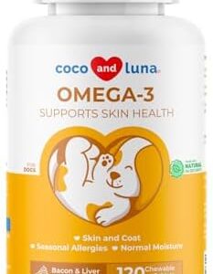 Omega 3 Fish Oil for Dogs - 120 Chewable Tablets - with Omega 3, 6, and 9, Vitamin E for Dog Shedding, Itchy, Dry Skin, Joint & Heart Support