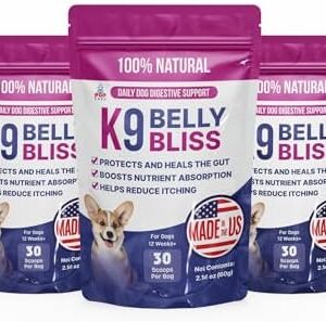 K9 Belly Bliss, All-Natural Gut Health for Dogs, Vet Approved Prebiotic for Dogs for Daily Digestive Support & Dog Constipation Relief, Topper for Dry & Wet Food, 3 Pack with 30 Scoops Each.