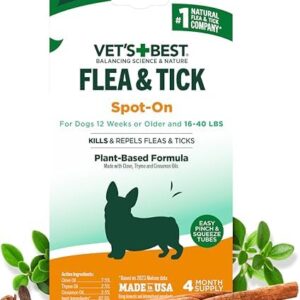 Vet's Best Flea & Tick Spot-on Drops - Topical Flea & Tick Prevention for Dogs - Plant-Based Formula - Certified Natural Oils - for Medium Dogs - 4 mo Supply