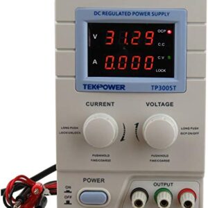 Tekpower TP3005T Variable Linear DC Power Supply, 0-30V @ 0-5A with Alligator Test Leads