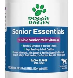 Doggie Dailies Senior Essentials Multivitamin for Dogs Soft Chews | Advanced Dog Multivitamin | Nutritional Support for Joints, Skin & Coat, Digestion, and the Immune System | Bacon Flavor | 120 Count