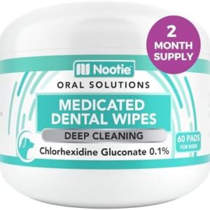Nootie Medicated Dental Wipes for Dogs, Cleans Teeth and Freshens Breath for Dogs - Prevents Plaque and Tartar Dog Oral Care, 60 Count